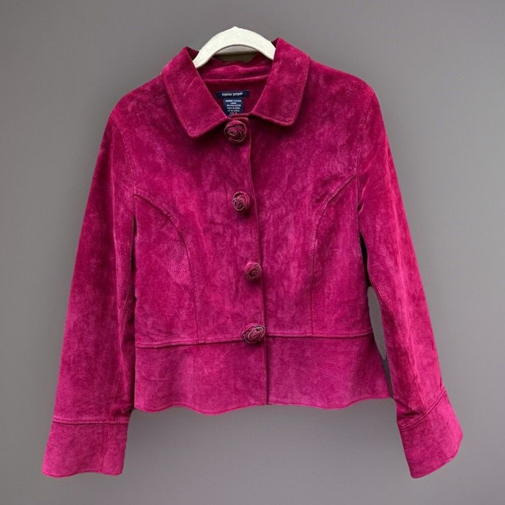 VTG Boston Proper size 14 pink suede leather rosette accent jacket Y2K coquette